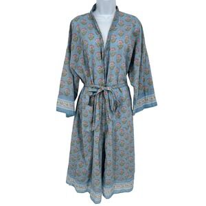 Oysho Womens Blue Floral Cotton Robe Kimono Belted Pockets Lightweight S/M